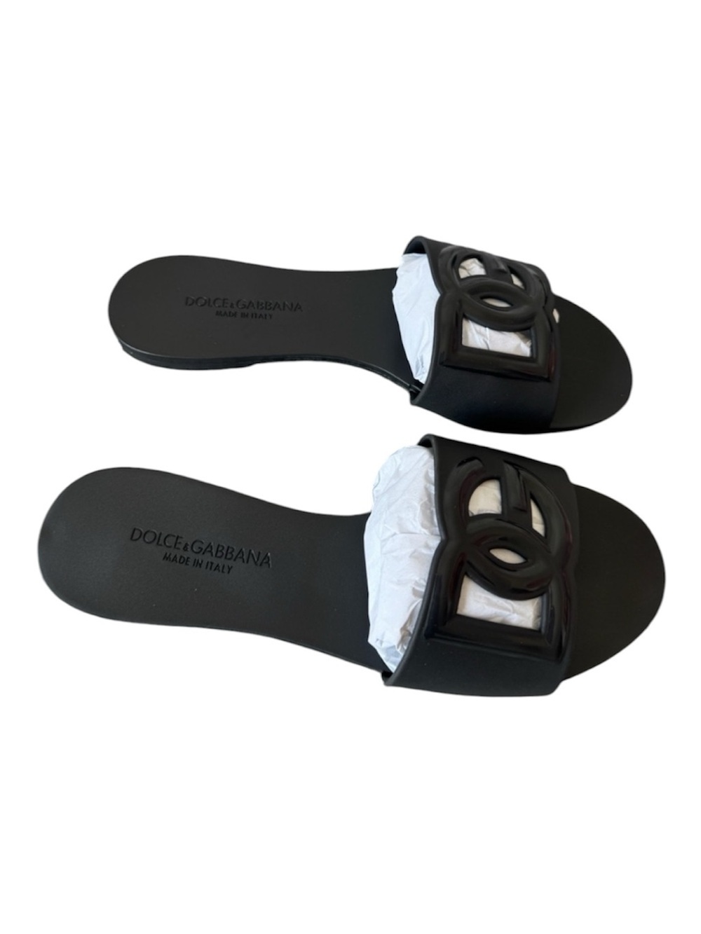 Dolce & Gabbana Bianca Black Leather DG Logo Calfskin Slides Sandals 37 NEW - Picture 7 of 9